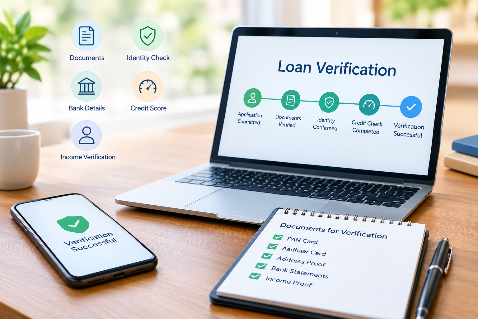 Online loan verification process showing document, identity, bank, income, and credit verification on a laptop and smartphone.
